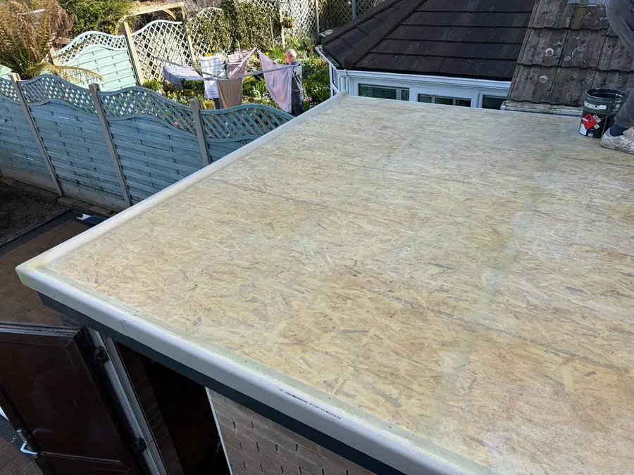 New OSB deck and edge trim laid ready for a fibreglass flat roof