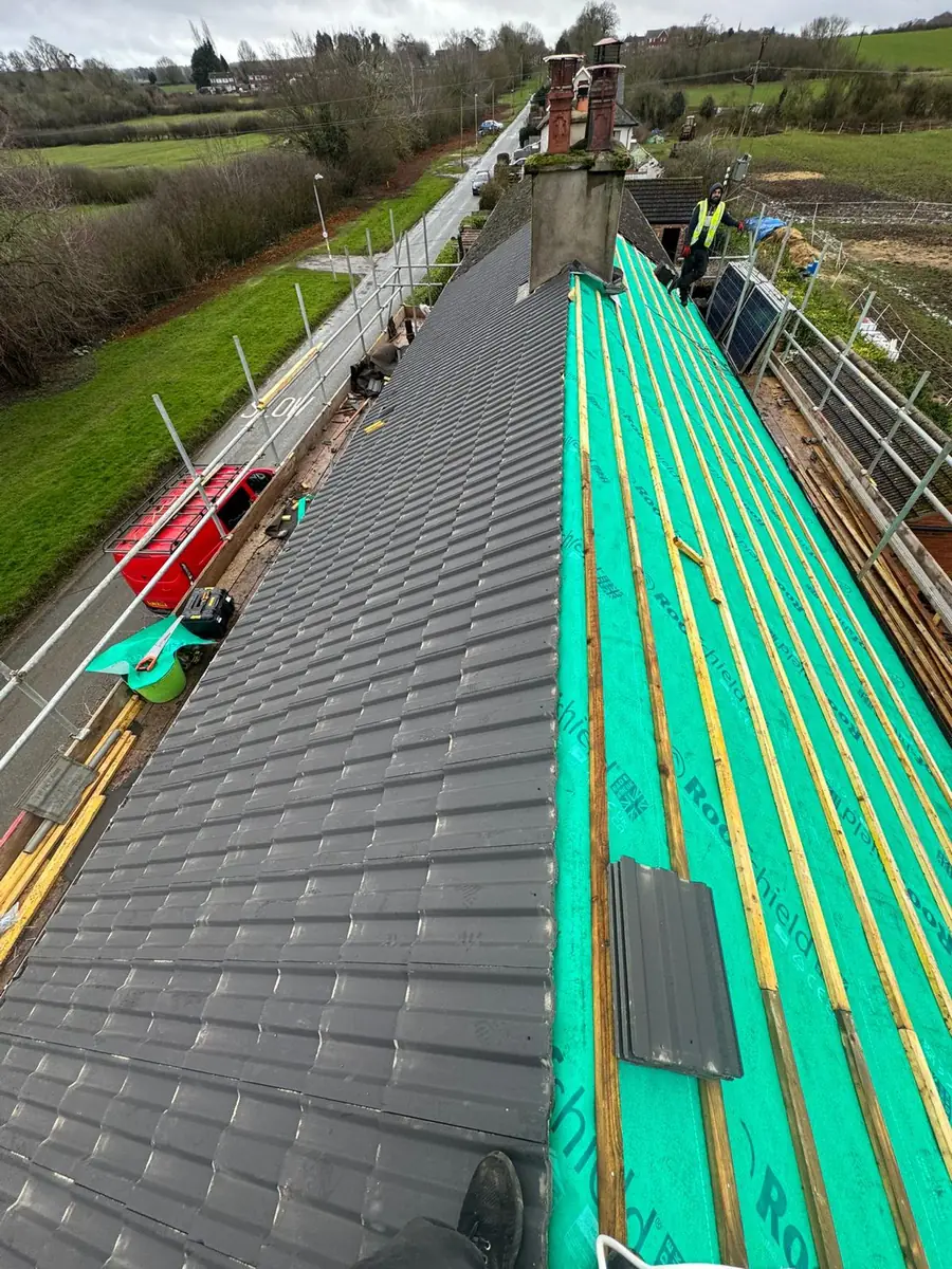 Hipped roof fully membraned and battened before tiling, from above