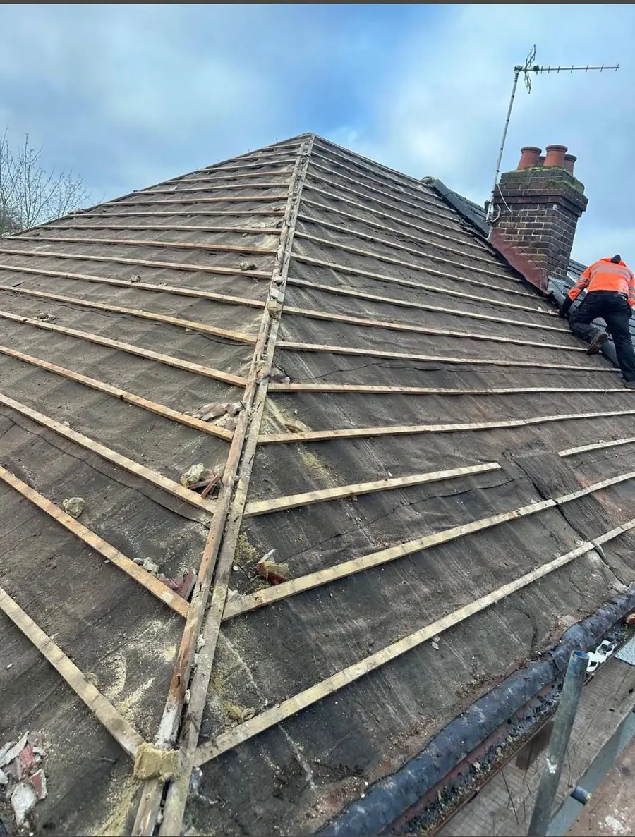 Roof stripped back to the old felt and battens