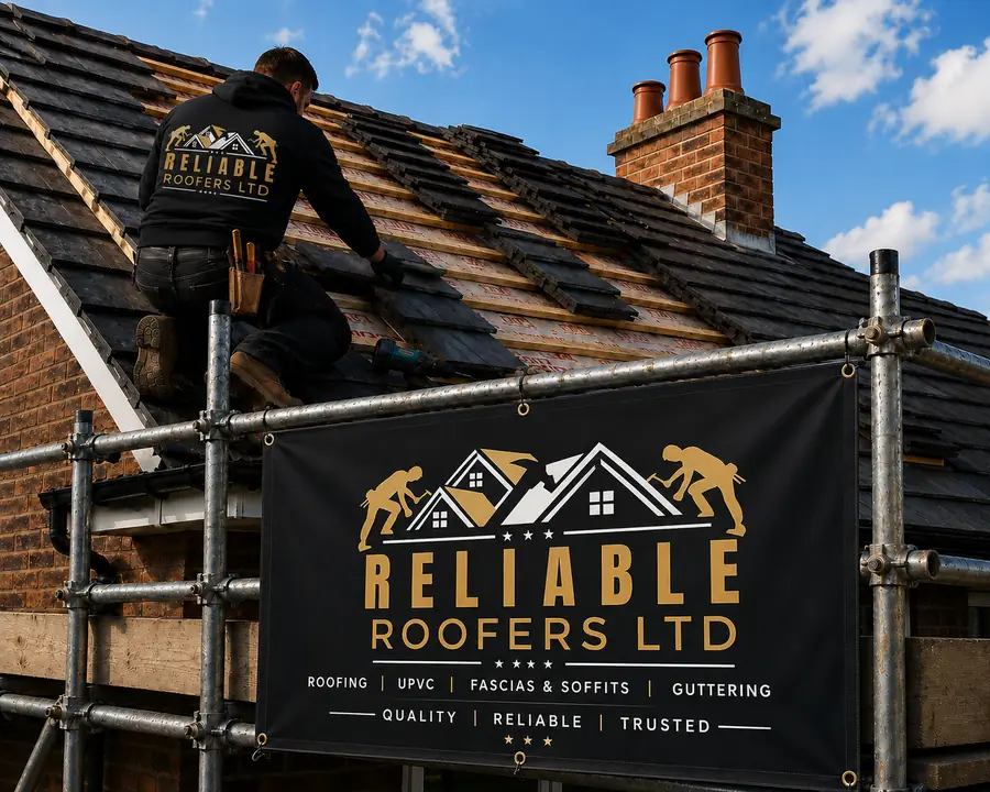 Reliable Roofers Ltd banner on the scaffold of a re-roof in progress