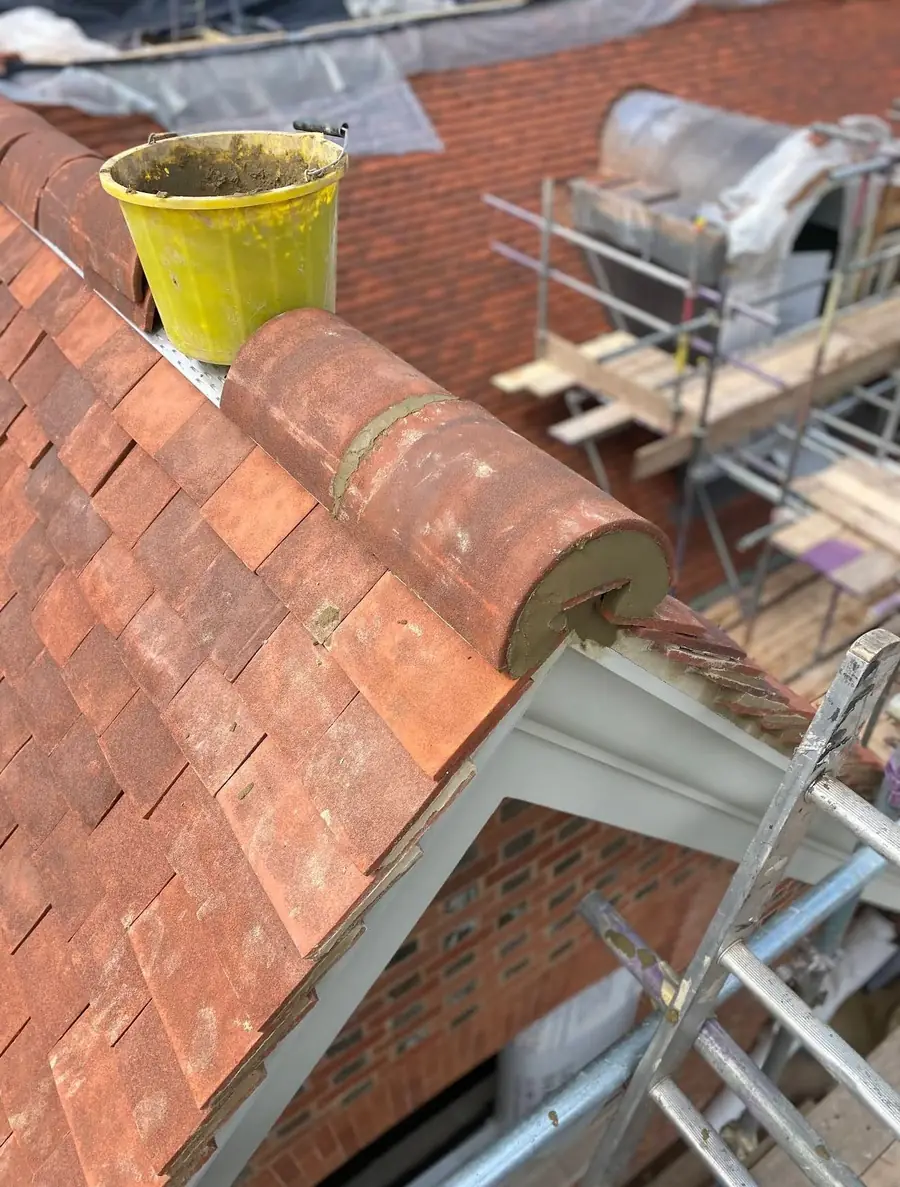 New ridge tiles bedded on a plain tile roof